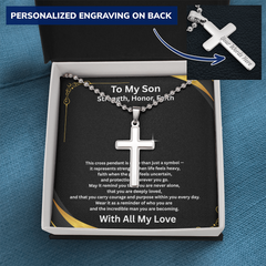 Strength, Honor, Faith - Personalized Cross Necklace with Ball Chain for Son