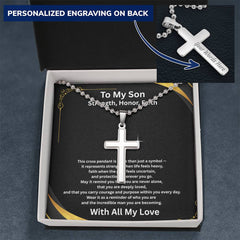 Strength, Honor, Faith - Personalized Cross Necklace with Ball Chain for Son