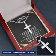 Strength, Honor, Faith - Personalized Cross Necklace with Ball Chain for Son