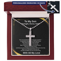 Strength, Honor, Faith - Personalized Cross Necklace with Ball Chain for Son