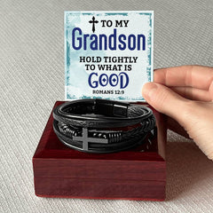 Hold Tightly - Cross Leather Bracelet for Grandson