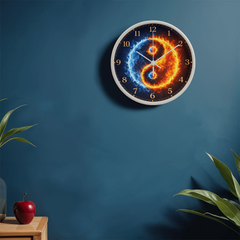 Flaming Yin & Yang  - Wood Frame 10" Clock