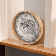 Emerald Whisper Scottish Fold  - Wood Frame 10" Clock