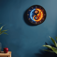 Flaming Yin & Yang  - Wood Frame 10" Clock