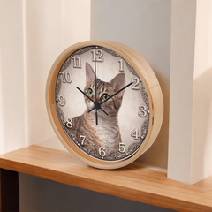 Emerald Gaze Devon Rex  - Wood Frame 10" Clock