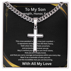 Strength, Honor, Faith - Artisan Cross with Cuban Link Chain for Son