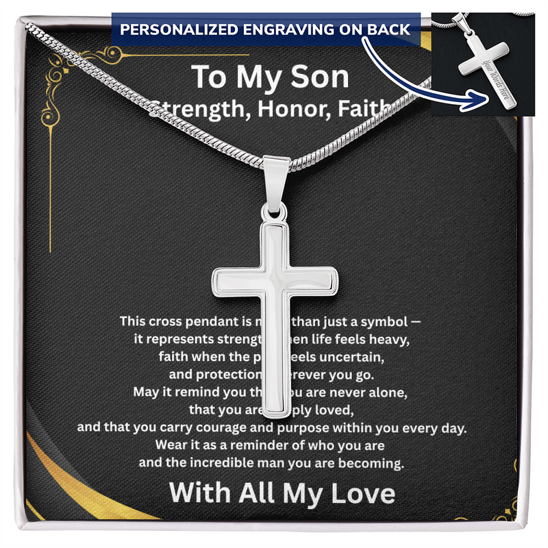 Strength, Honor, Faith – Personalized Cross Necklace for Son