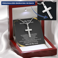 Strength, Honor, Faith – Personalized Cross Necklace for Son