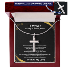 Strength, Honor, Faith – Personalized Cross Necklace for Son