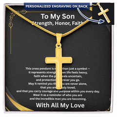 Strength, Honor, Faith – Personalized Cross Necklace for Son