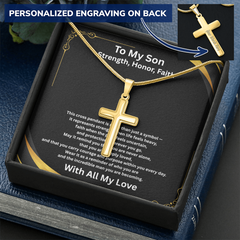 Strength, Honor, Faith – Personalized Cross Necklace for Son