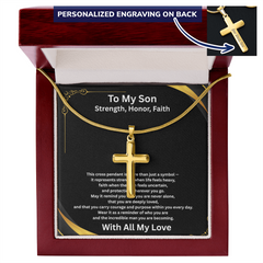 Strength, Honor, Faith – Personalized Cross Necklace for Son