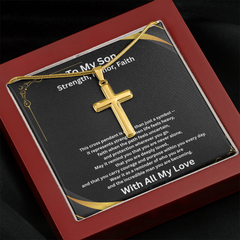 Strength, Honor, Faith – Personalized Cross Necklace for Son